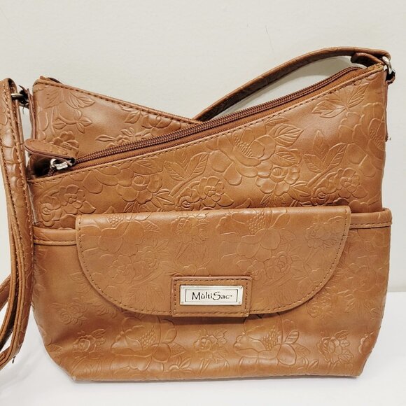 MultiSac Brown Tan Zig Zag Crossbody Shoulder Bag Purse Floral - Picture 1 of 8